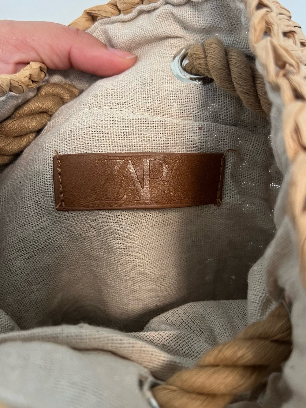 Woven Rope Drawstring Bucket Bag - Tan - Picture 2 of 4